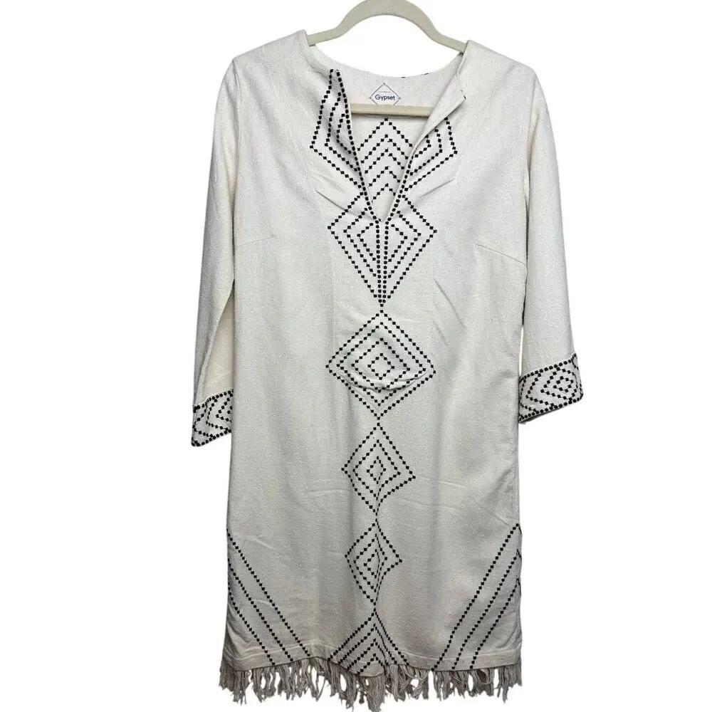 Gypset Silk Embroidered Mini Caftan Dress with Fringe Sz. M